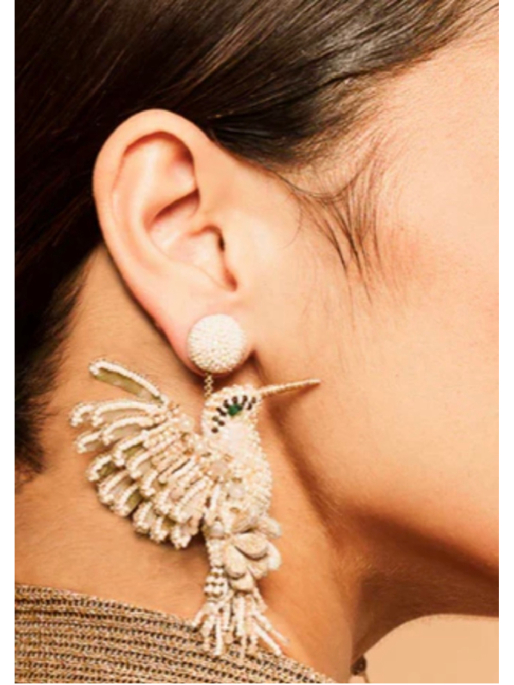 NWT Deepa Gurnani Hummingbird Beaded Drop Earrings in Ivory and Gold - Picture 2 of 4